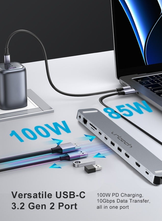 11 في 1 USB-C 8K@30Hz، 10Gbps، قاعدة متعددة الوظائف، تدعم توسيع الفيديو المزدوج مع 2 HDMI، 1000Mbps LAN، 100W PD، 3 منافذ USB GEN 2 (2xUSB-A و1xUSB-C)، USB GEN 1 (1xUSB-C)، قارئ بطاقات SD/TF، AUX3.5