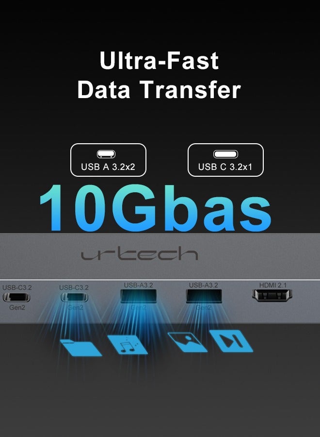 11 في 1 USB-C 8K@30Hz، 10Gbps، قاعدة متعددة الوظائف، تدعم توسيع الفيديو المزدوج مع 2 HDMI، 1000Mbps LAN، 100W PD، 3 منافذ USB GEN 2 (2xUSB-A و1xUSB-C)، USB GEN 1 (1xUSB-C)، قارئ بطاقات SD/TF، AUX3.5