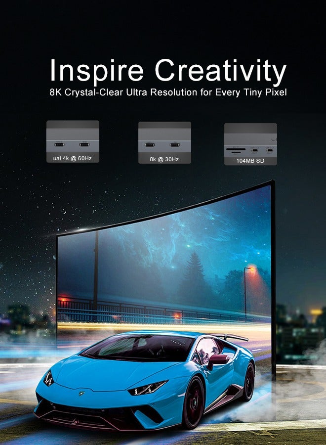 11 في 1 USB-C 8K@30Hz، 10Gbps، قاعدة متعددة الوظائف، تدعم توسيع الفيديو المزدوج مع 2 HDMI، 1000Mbps LAN، 100W PD، 3 منافذ USB GEN 2 (2xUSB-A و1xUSB-C)، USB GEN 1 (1xUSB-C)، قارئ بطاقات SD/TF، AUX3.5