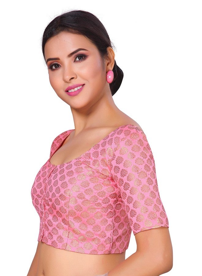 Studio Shringaar Studio Shringaar Women's Readymade Brocade Short Sleeves Saree Blouse (Light Pink,38)  - Image 4