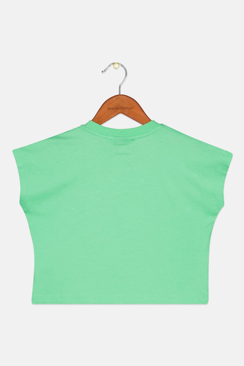 DIADORA Kids Girl Crew Neck Cap Sleeve Brand Logo Top, Green - Image 2