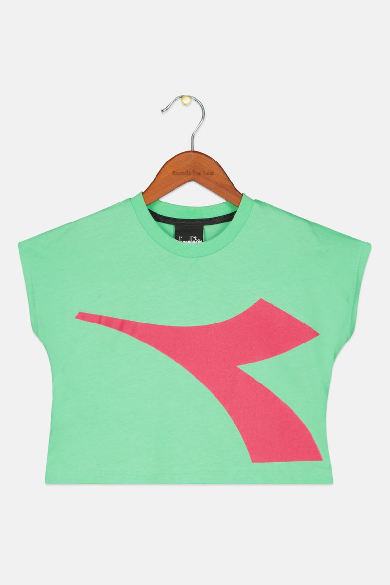 DIADORA Kids Girl Crew Neck Cap Sleeve Brand Logo Top, Green - Image 1