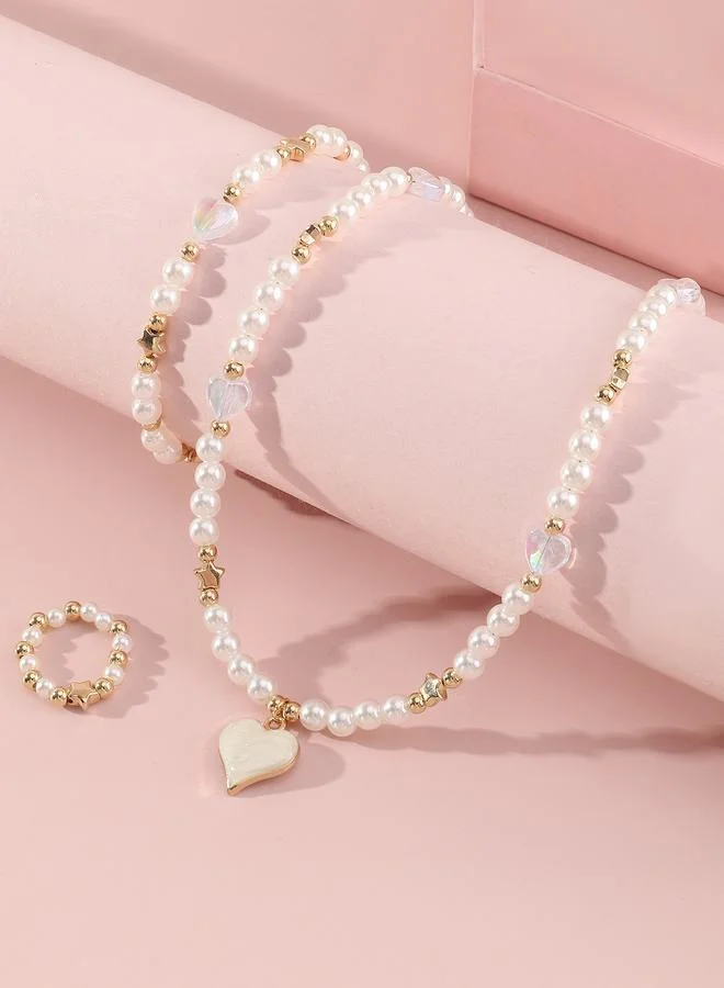 Girls Whit Pearl and Heart Charm Necklace, Bracelet and Ring Set
