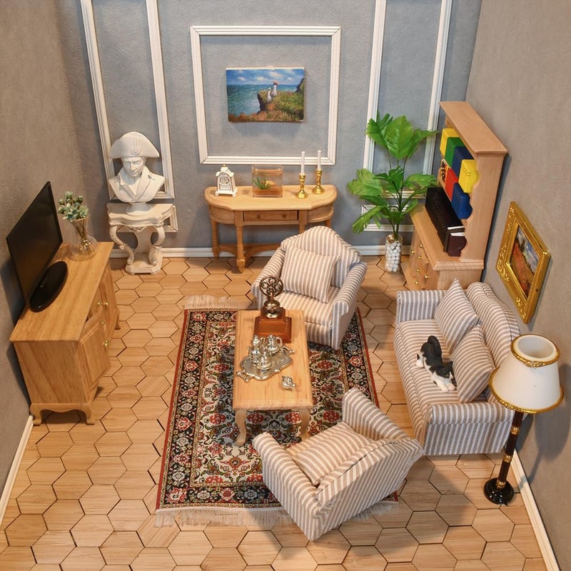 iLAND Miniature Wooden Dollhouse Furniture Set: Sofa  Cabinets  Coffee Table for Dollhouse Living Room (Classic Doll Furniture 7pcs) - Image 1