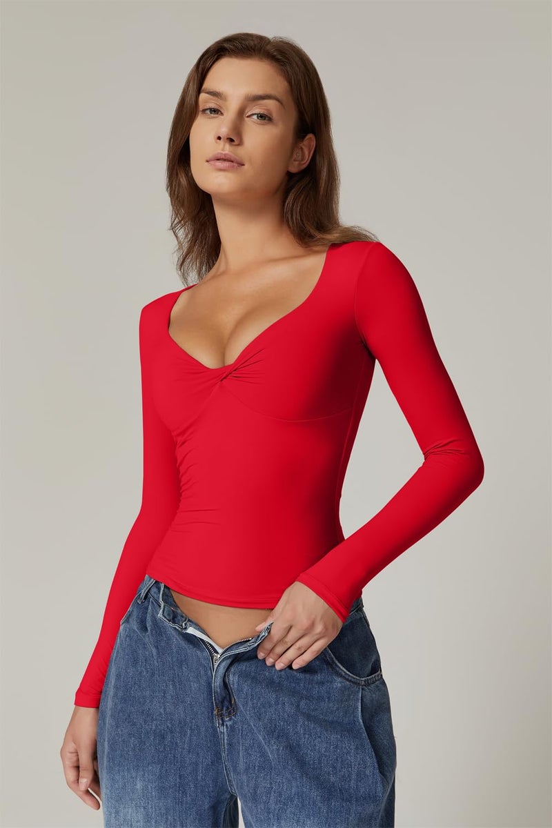 QINSEN Womens Long Sleeve Twist Front V Neck T Shirts Double Lined Slim Fit Trendy Top Tee Red S - Image 2