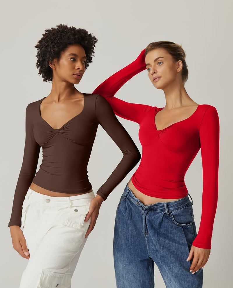 QINSEN Womens Long Sleeve Twist Front V Neck T Shirts Double Lined Slim Fit Trendy Top Tee Red S - Image 5