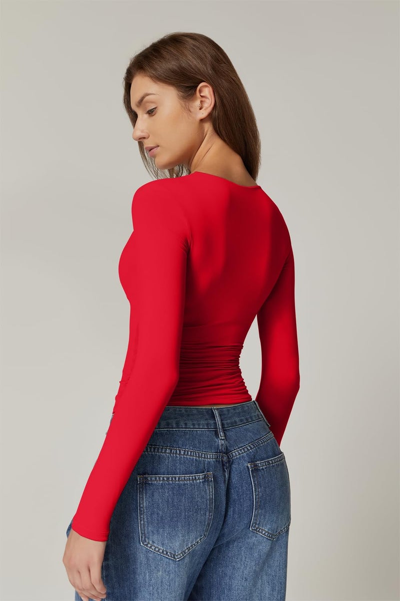 QINSEN Womens Long Sleeve Twist Front V Neck T Shirts Double Lined Slim Fit Trendy Top Tee Red S - Image 3