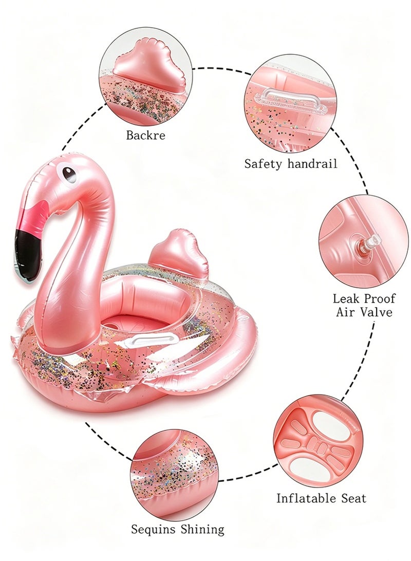 VUCATIN Sequin Flamingo Inflatable Swim Ring for Kids, Anti-Tip Baby Swim Seat Ring with Handles, Thickened PVC Toddler Pool Water Play Ring - Image 3