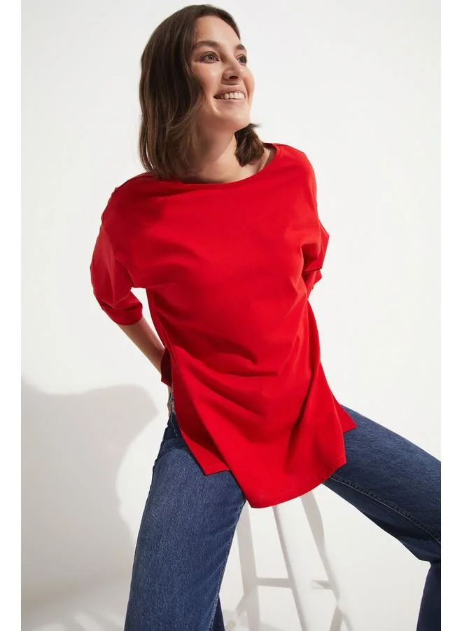 JUNE June 100% Cotton Flowy T-Shirt Red