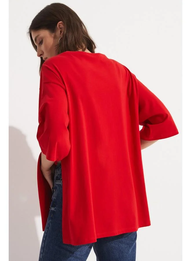 JUNE June 100% Cotton Flowy T-Shirt Red