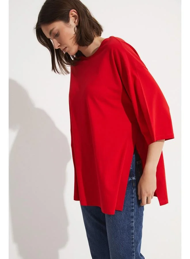 JUNE June 100% Cotton Flowy T-Shirt Red