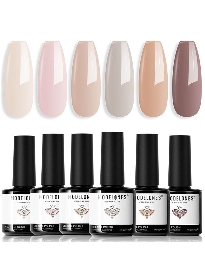 modelones مجموعة طلاء الأظافر الجل المحايد من موديلونز 6 ألوان، درجات لون البشرة العارية، البيج، التوب، العاجي، الأبيض، الوردي الباستيل، الرمادي، البني الفاتح لجميع المواسم، مجموعة مانكير قابلة للنقع، تصميم فن الأظافر، صالون في المنزل، هدايا للنساء - Image 1