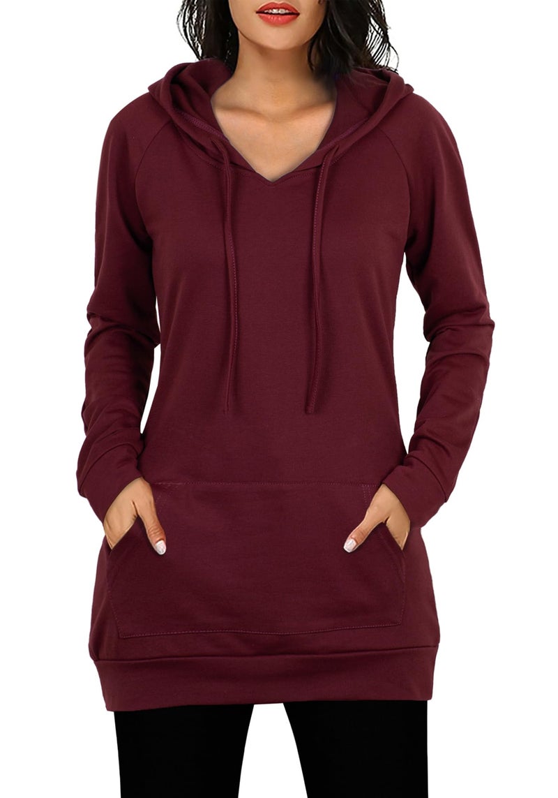 BEPEI Hoodies for Women,Fashion V Neck Pocket Jersey Shirt Fall Trend Dressy Blouses Long Sleeve Drawstrings Sweatshirts Comfy A Line Tunic Top 2024 Oversized Plus Size Wine 2XL - Image 2