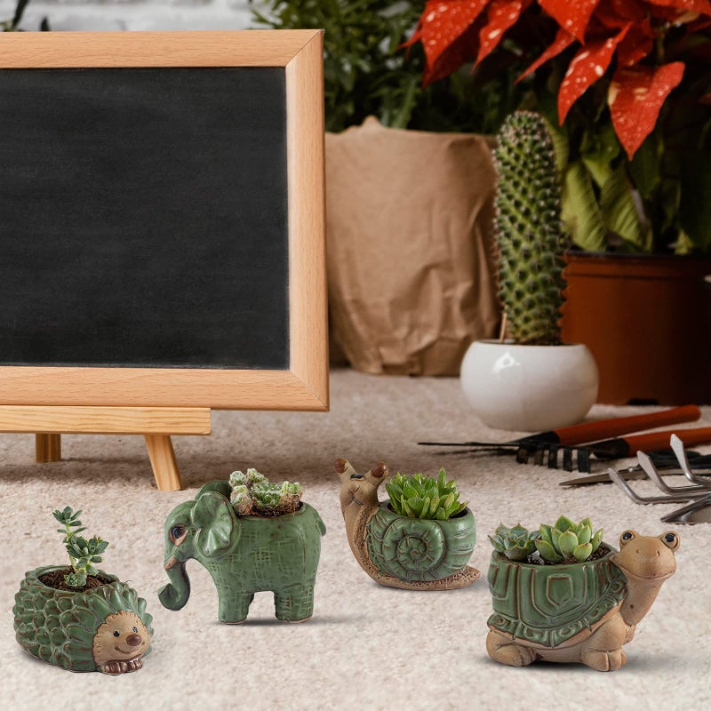 godealio Small Succulent Pots with Drainage, Indoor/Outdoor Ceramic Animal Planter, Cute Cactus/Bonsai Small Flower Pots for Home Decor and Office Desk Decoration, A Set of 4 Pieces is Suitable as A Gift - Image 5