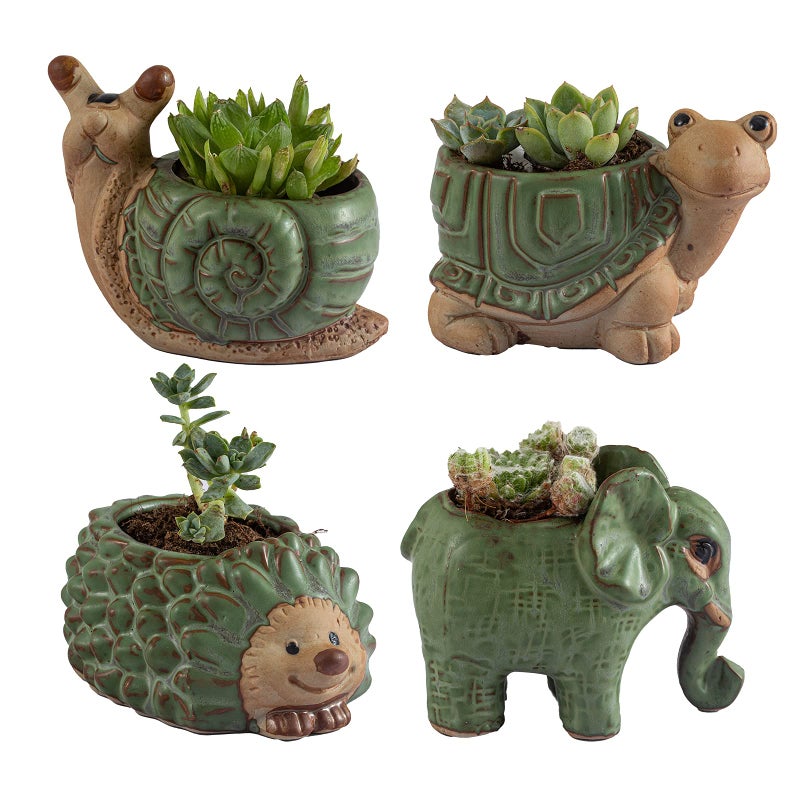 godealio Small Succulent Pots with Drainage, Indoor/Outdoor Ceramic Animal Planter, Cute Cactus/Bonsai Small Flower Pots for Home Decor and Office Desk Decoration, A Set of 4 Pieces is Suitable as A Gift - Image 1