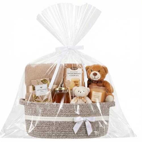Colingmill Woven Gift Basket Empty with Handles Ribbons Bow Tie Bag 14 x 10 x 55 Inch Medium Decorative Woven Gift Basket Rope Storage Box Home Decor14 x 10 x 55 InchKhaki - Image 1