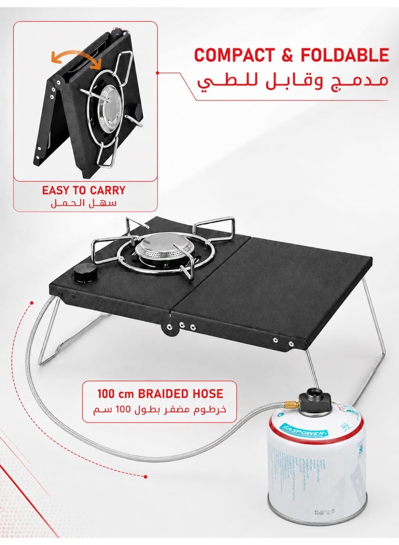 جاز باور طقم موقد غاز محمول وقابل للطي للتخييم (2 في 1) للطهي في الهواء الطلق، يشتمل على عبوة غاز بوزن 450 غرام، وطاولة جانبية، وخرطوم مجدول بطول 100 سم. - Image 2