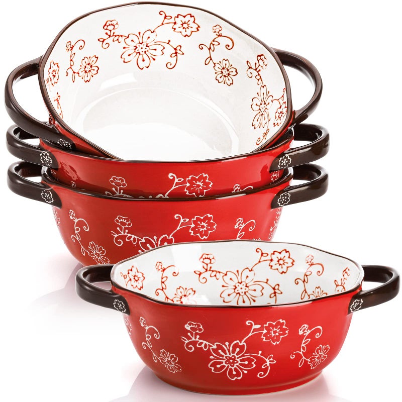AVLA 4 Pack Ceramic Soup Bowls, 22 Ounces Porcelain Serving Bowl Set with Doundle Handle, Large Ceramic Crocks for French Onion Soup, Stew, Pasta, Cereal, Pot Pies (Red) - Image 1
