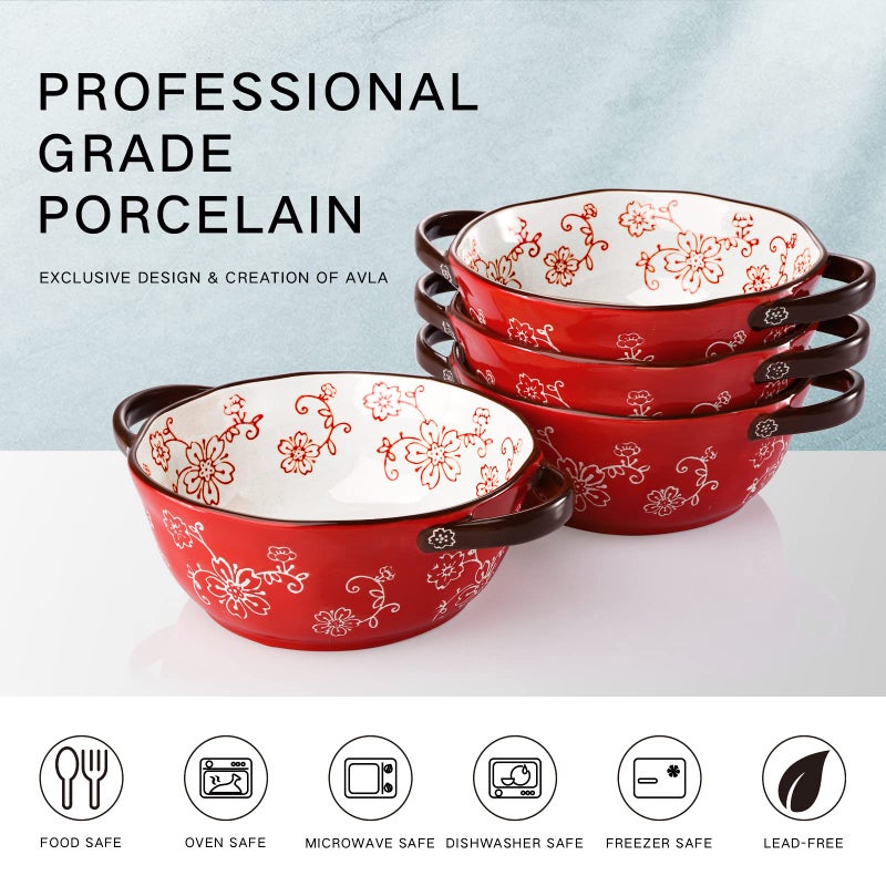 AVLA 4 Pack Ceramic Soup Bowls, 22 Ounces Porcelain Serving Bowl Set with Doundle Handle, Large Ceramic Crocks for French Onion Soup, Stew, Pasta, Cereal, Pot Pies (Red) - Image 3