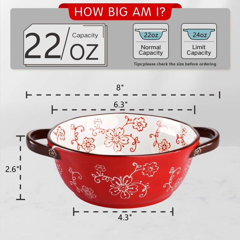 AVLA 4 Pack Ceramic Soup Bowls, 22 Ounces Porcelain Serving Bowl Set with Doundle Handle, Large Ceramic Crocks for French Onion Soup, Stew, Pasta, Cereal, Pot Pies (Red) - Image 2