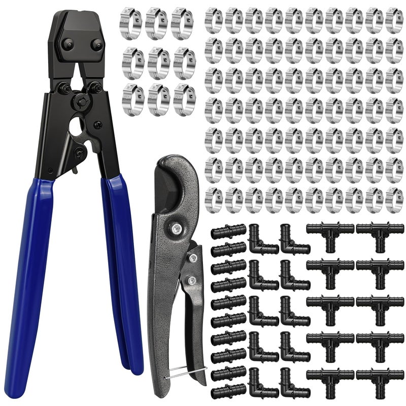 مجموعة أدوات المشبك Pex تتضمن 30 قطعة 1/2 بوصة Ppsu Pex Fittings 70 قطعة 1/2 بوصة Pex Cinch Clamps 10 قطع 3/4 بوصة Pex Cinch Clamps 1 قطعة Pex Pipe Cinch أداة وقطعة واحدة من قاطع الأنابيب - Image 1