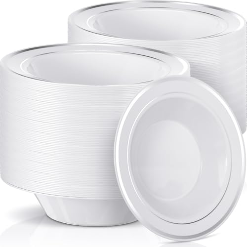 Jinei 150 Pieces 6 oz Plastic Bowls with Rim Small Disposable Soup Bowls for Dessert Salad Soup Candy Wedding Thanksgiving Catering Holidays Party Supplies (White,Silver Rim) - Image 1
