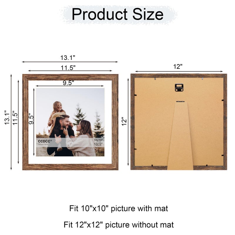 ccdcc 12x12 Picture Frame Set of 2, 12 x 12 Wood Photo Frames with Mat for 10x10 or 30x30cm Diamond Art Painting, Wooden Frame with Real Glass Cover for Wall and Tabletop Display,Rustic Brown - Image 5