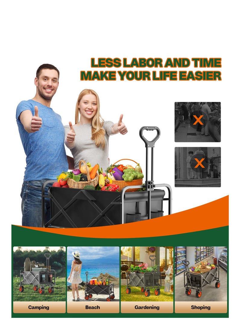 Arabest عربة قابلة للطي، عربة شاطئ قابلة للطي، عربة تسوق قابلة للطي مع جيب جانبي، سعة كبيرة، عربة محمولة ثقيلة الوزن للتخييم، الرياضة، التسوق، الحديقة والشاطئ (أسود) - Image 2