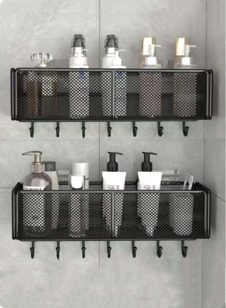 Kutis رف حمام مكون من قطعتين ومنظم شامبو ودش مثبت على الحائط مع خطافات، أسود 40x14x13 سم - Image 1