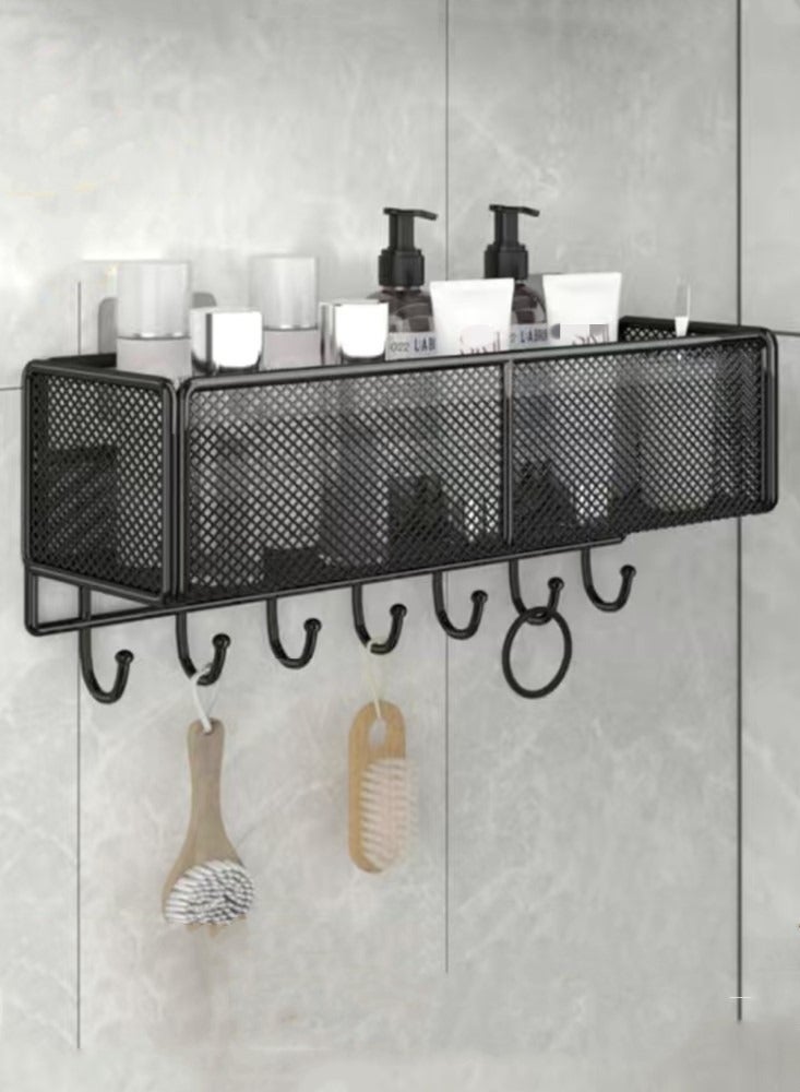 Kutis رف حمام مكون من قطعتين ومنظم شامبو ودش مثبت على الحائط مع خطافات، أسود 40x14x13 سم - Image 2