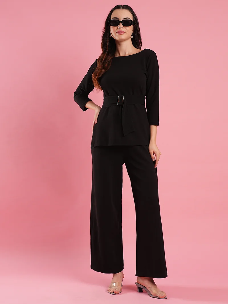 globus Women Boat Neck Buckle Waist Top With Trousers