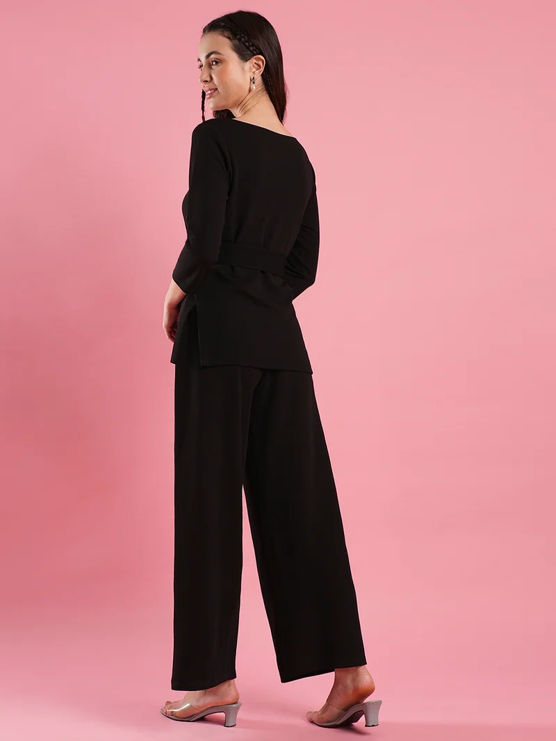 globus Women Boat Neck Buckle Waist Top With Trousers