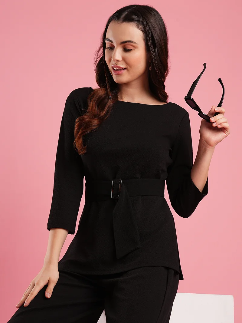 globus Women Boat Neck Buckle Waist Top With Trousers