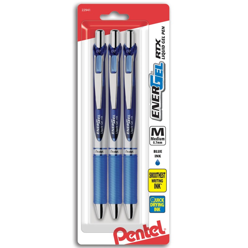 Pentel EnerGel Deluxe RTX Gel Ink Pens, 0.7 Millimeter Metal Tip, Blue Ink, 3-Pack (BL77BP3C) - Image 1