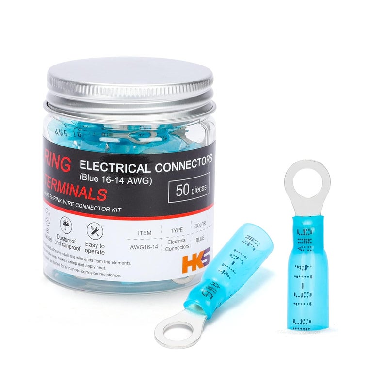 HK-S 50 قطعة من أطراف الحلقات #10 زرقاء 16-14 AWG - M5 - موصلات كهربائية - مجموعة موصلات أسلاك قابلة للتقلص بالحرارة - نحاس أحمر مطلي - موصلات حلقية بحرية للسيارات - مقاومة للماء ومعزولة - Image 1