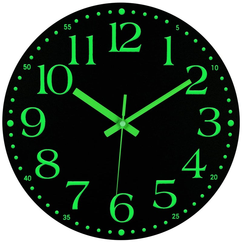 JoFomp Wooden Glow in The Dark Clock 10 inch Silent NonTicking Battery Operated Clock EnergyAbsorbing Luminous Numerals and Hands Lighted Wall Clock Decoration for Bedroom Living Room