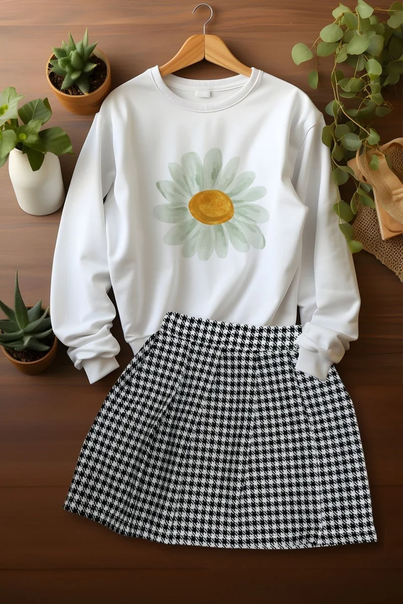 ادا بيبيك تشوكوك Ada Baby Kids Style Plaid Skirt Watercolor Daisy Patterned Sweat Skirt Set