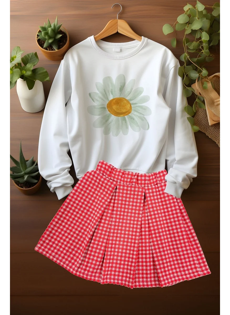 Ada Bebek Çocuk Ada Baby Kids Style Plaid Skirt Watercolor Daisy Patterned Sweat Skirt Set