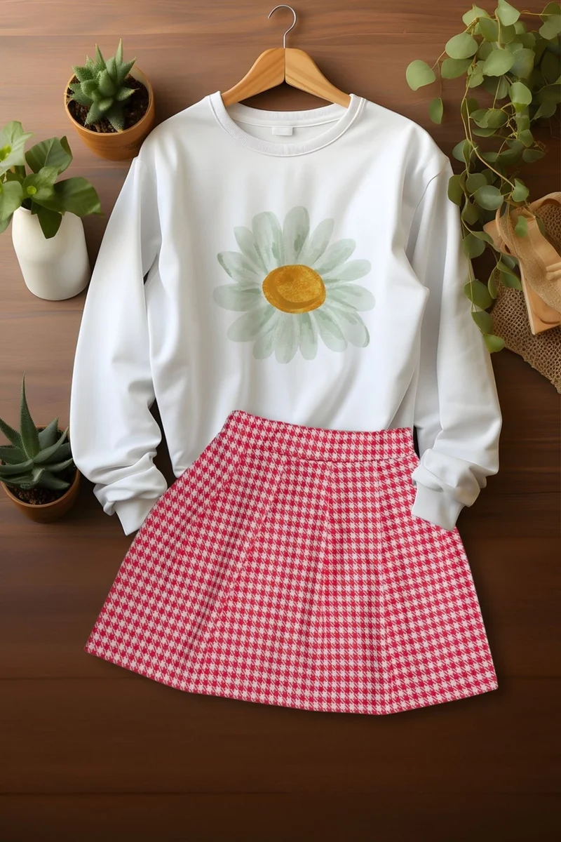 ادا بيبيك تشوكوك Ada Baby Kids Style Plaid Skirt Watercolor Daisy Patterned Sweat Skirt Set