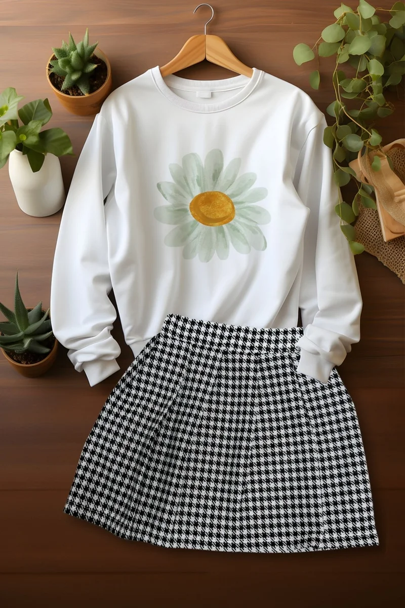 ادا بيبيك تشوكوك Ada Baby Kids Style Plaid Skirt Watercolor Daisy Patterned Sweat Skirt Set