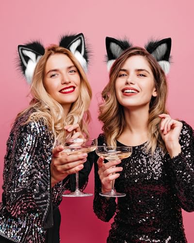 BNLIDES Handmade Fur Fox Wolf Cat Ears Headwear Women Men Cosplay Costume Party Cute Head Accessories for Halloween (Black White) - Image 4