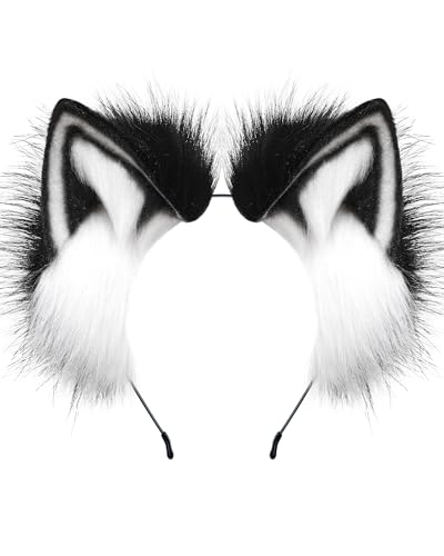 BNLIDES Handmade Fur Fox Wolf Cat Ears Headwear Women Men Cosplay Costume Party Cute Head Accessories for Halloween (Black White) - Image 1