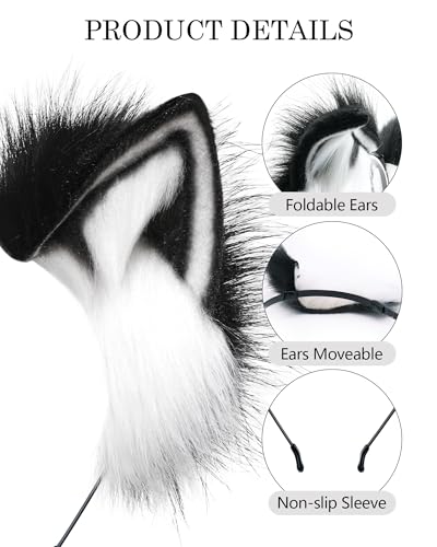 BNLIDES Handmade Fur Fox Wolf Cat Ears Headwear Women Men Cosplay Costume Party Cute Head Accessories for Halloween (Black White) - Image 2