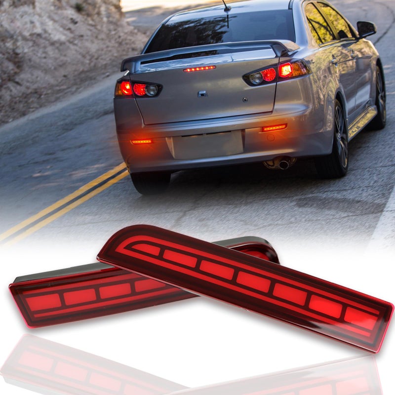 PGTOPONE DRL Red LED Rear Fog Light ReflectorFunction as Daytime Running LightAmber Sequential Turn SignalBrake Light Compatible with Mitsubishi Lancer Evolution X Outlander RED Style