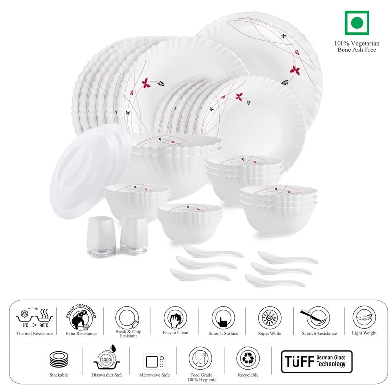 Cello Cello Opalware Dazzle Lush Fiesta Dinner Set, 37 Units, White |Opal Glass Dinner Set for 6 | Light-Weight, Daily Use Crockery Set for Dining | White Plate and Bowl Set  - Image 5