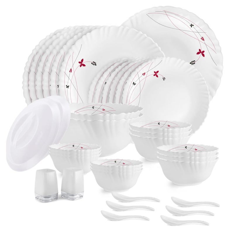 Cello Cello Opalware Dazzle Lush Fiesta Dinner Set, 37 Units, White |Opal Glass Dinner Set for 6 | Light-Weight, Daily Use Crockery Set for Dining | White Plate and Bowl Set  - Image 1