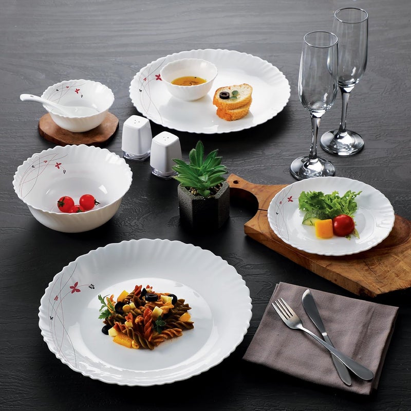 Cello Cello Opalware Dazzle Lush Fiesta Dinner Set, 37 Units, White |Opal Glass Dinner Set for 6 | Light-Weight, Daily Use Crockery Set for Dining | White Plate and Bowl Set  - Image 2