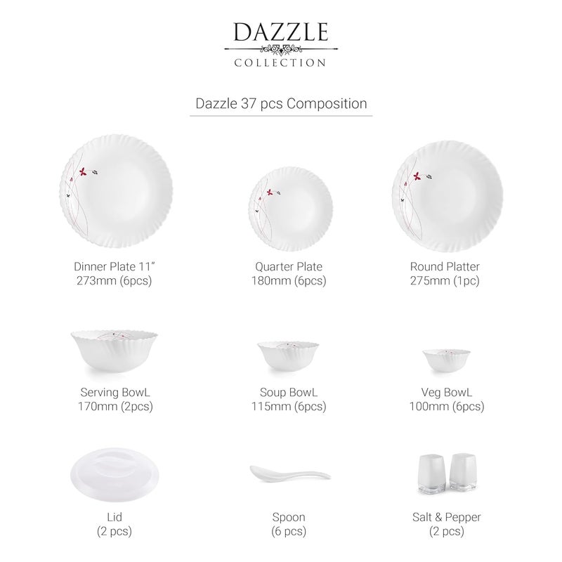 Cello Cello Opalware Dazzle Lush Fiesta Dinner Set, 37 Units, White |Opal Glass Dinner Set for 6 | Light-Weight, Daily Use Crockery Set for Dining | White Plate and Bowl Set  - Image 3