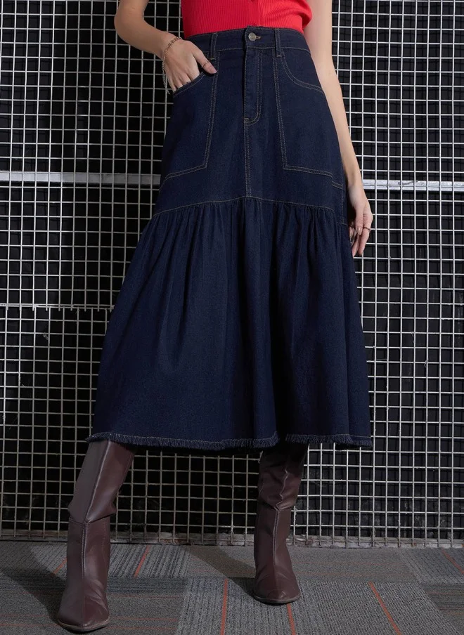 Navy Blue Flared Midi Skirt for Women