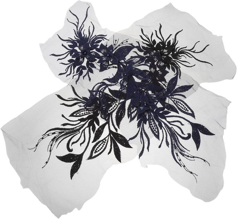 Uonlytech 2pcs Embroidered Floral Lace Patch for Wedding Dress Sewing, 3D Handmade Flower Lace Embroidery, Black and Navy Blue, Bridal Dress Craft Embellishments - Image 1